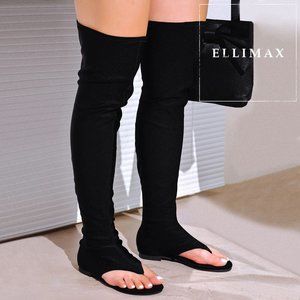 NEW🔥Black Thong Open Toe Flat Gladiator Sandal Over The Knee Thigh High Pull-On